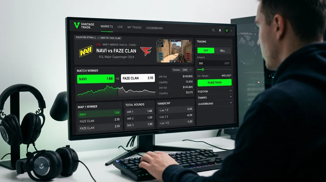 Esports prediction market trading platform interface showing Counter-Strike 2 match odds