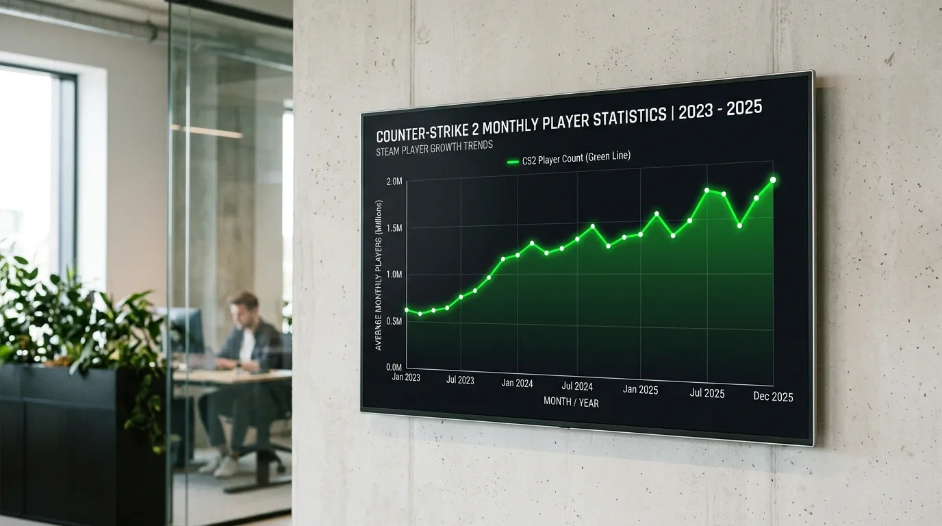 Counter-Strike 2 monthly player statistics chart from Steam showing growth trends 2023-2025
